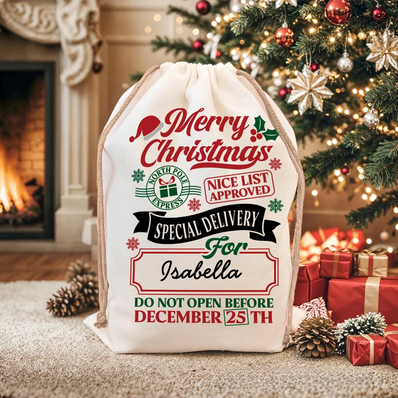 Personalized Christmas Word Cloud Canvas Drawstring Gift Bag with Name Christmas Gift for Friends Family