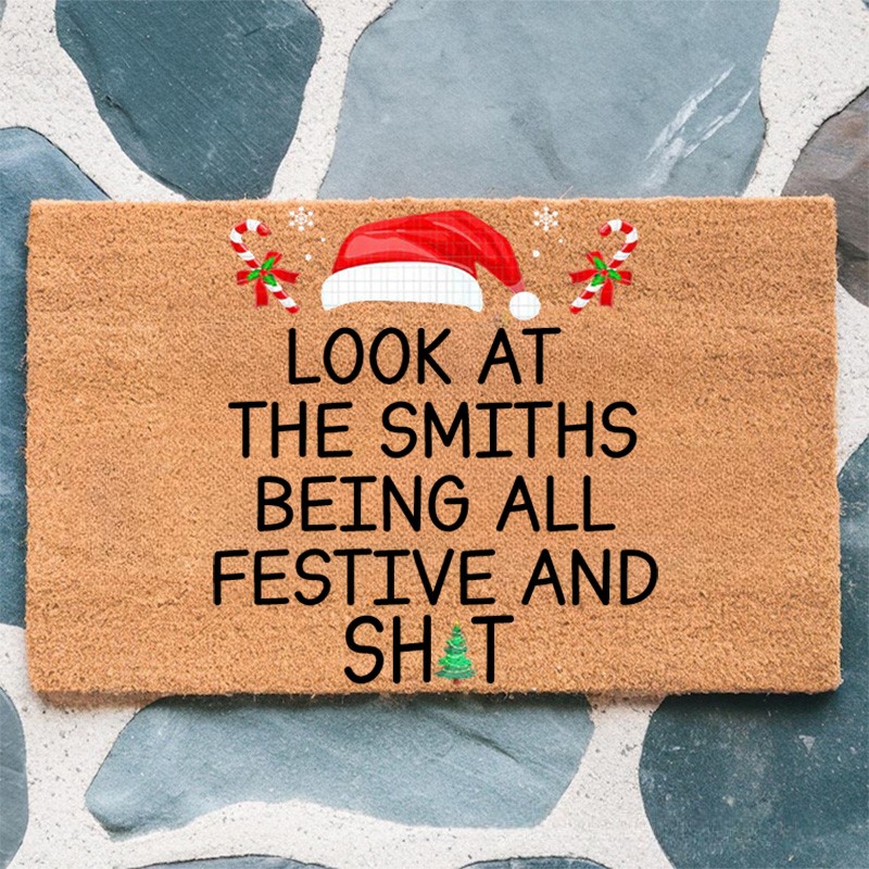 Personalized Holiday Humor Doormat with Custom Family Name and Festive Santa Hat Design House Doormat Coir Mat