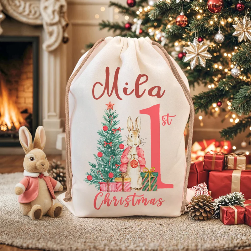 Personalized First Christmas Santa Claus Peter Rabbit Drawstring Canvas Gift Bag with Name Christmas Gift for Baby Family