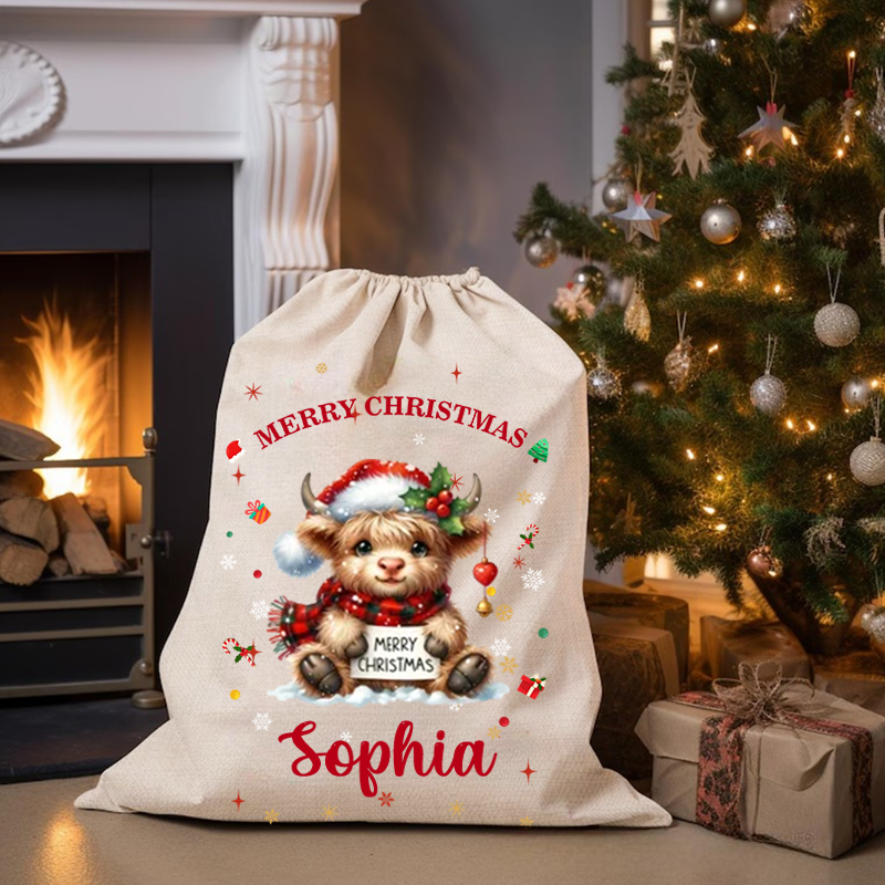 Personalized Cartoon Christmas Hat Highland Cow Christmas Bag with Name Christmas Gift for Family Friends