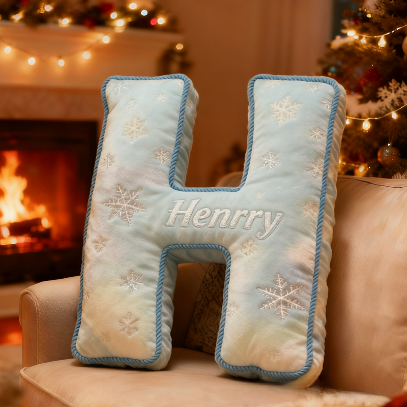 Personalized Blue Snowflakes Initial Graphic 3D Print Pillow with Name Christmas Gift for Kids