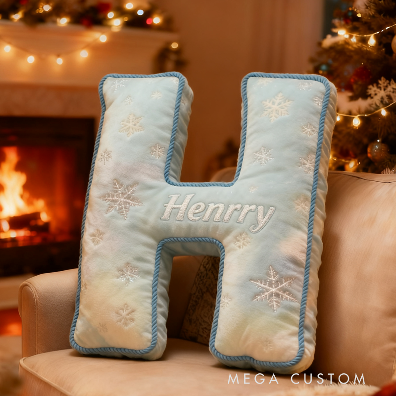 Personalized Blue Snowflakes Initial Pillow with Name Christmas Gift for Kids