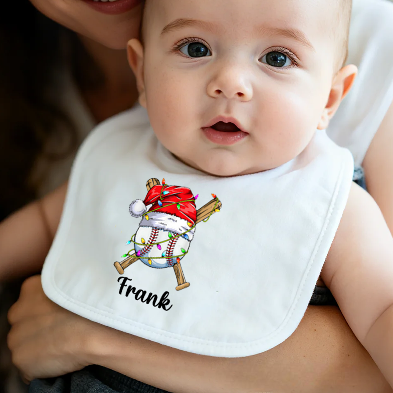 Personalized Christmas Hat Sports Ball Baby Bib Baby Bib with Name Feeding Accessory Baby Shower Welcome Christmas Gift for Baby Kid