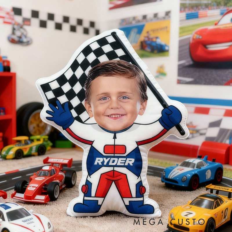 Personalized Cute Racer Boy with Name Graphic 3D Print Pillow Christmas Gift for Kids 
