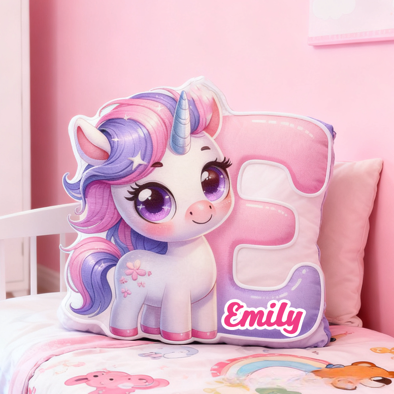 Personalized Cartoon Cute and Cheerful Dream Horse Initials with Name Graphic 3D Print Pillow Christmas Gift for Kids 