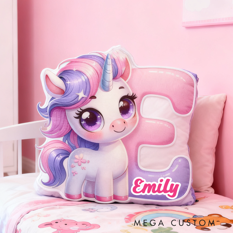Personalized Cartoon Cute and Cheerful Unicorn Initials with Name Graphic 3D Print Pillow Christmas Gift for Kids 