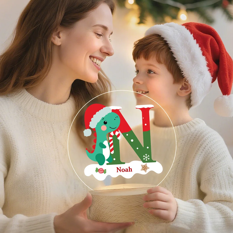 Personalized Santa Hat Dinosaur Initial LED Night Light with Name and Wooden Base Home Decor Christmas Gift for Kids