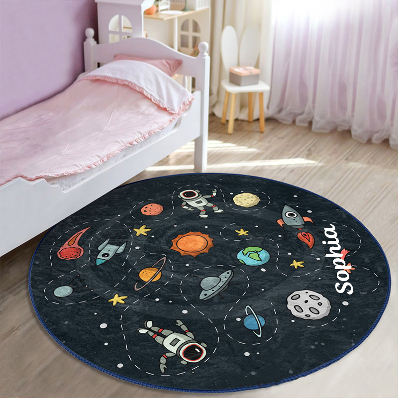 Personalized Space Themed Cute Kid's Rug Adventurous Astronaut Childen's Mat Kids Room Decor