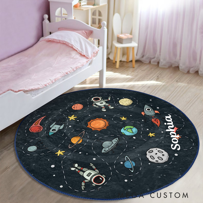 Personalized Space Themed Cute Kid's Rug Adventurous Astronaut Childen's Mat Kids Room Decor