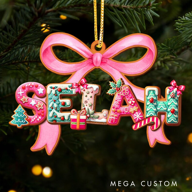 Personalized Pink Bow Letter Name Christmas Ornament for Baby Girl Toddler Girl Christmas Gifts Kids Stocking Tag Coquette Girls Ornament