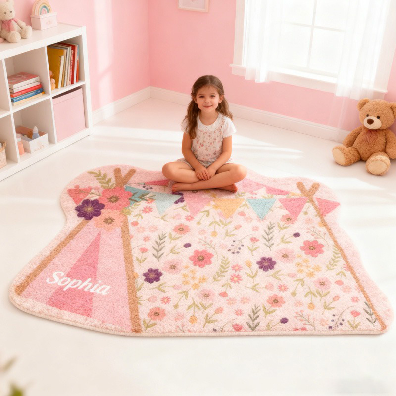 Personalized Kids Camping Rug Doormat Custom Floral Teepee Rug Children's Bedroom Rug Gifts for Kid