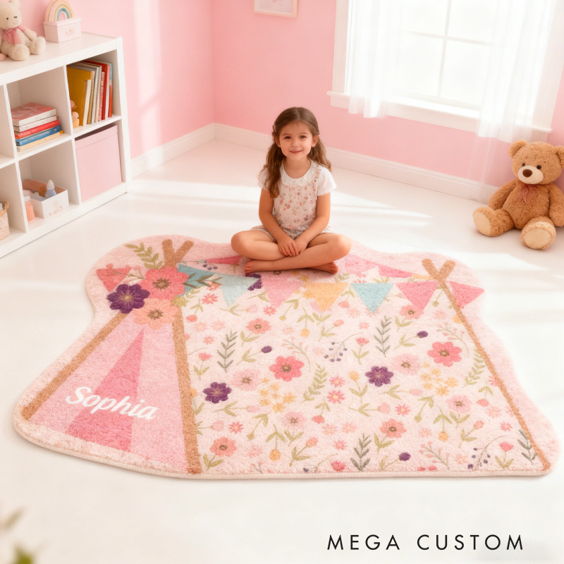 Personalized Kids Camping Rug Doormat Custom Floral Teepee Rug Children's Bedroom Rug Gifts for Kid
