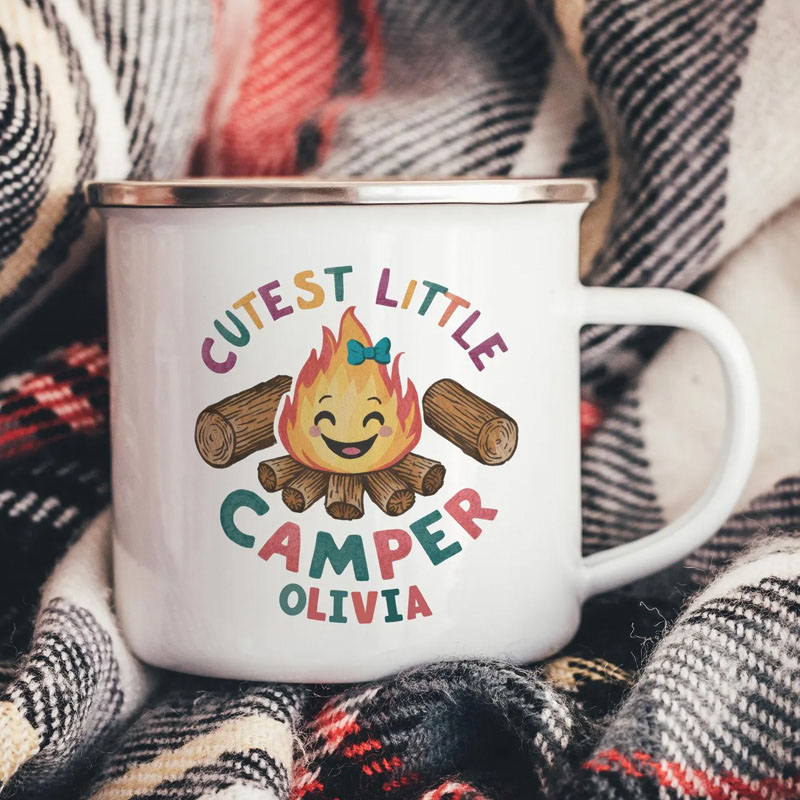 Personalised Kids Enamel Mu Cutest Little Camper Custom Children’s Mug Camping Adventure Gift for Kids