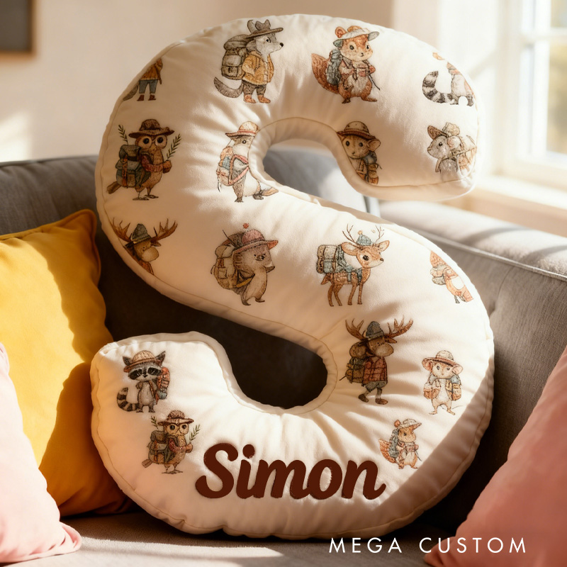 Personalized Woodland Adventure Custom Initial Pillow Cute Animals Happy Camper Forest Animal Pillow Gifts for Hiking Camp Lover