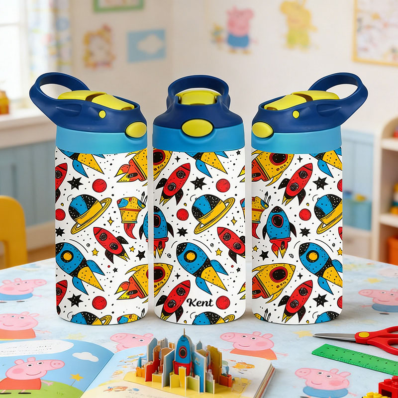 Personalized Rocket Tumbler 12 Oz Kid Insulated Name Water Bottle with Handle and Silicone Straw Space Enthusiasts Gift