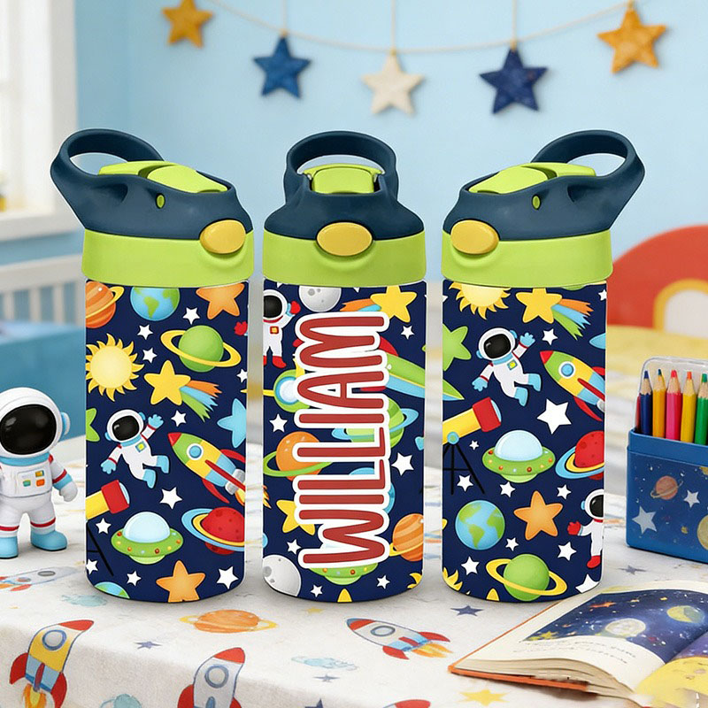 Personalized Outer Space 12oz Boys Tumbler, Pastel Personalized Leak Proof Flip Top Sports Water Bottle Kid School Lunch Insulated Sippy Cup