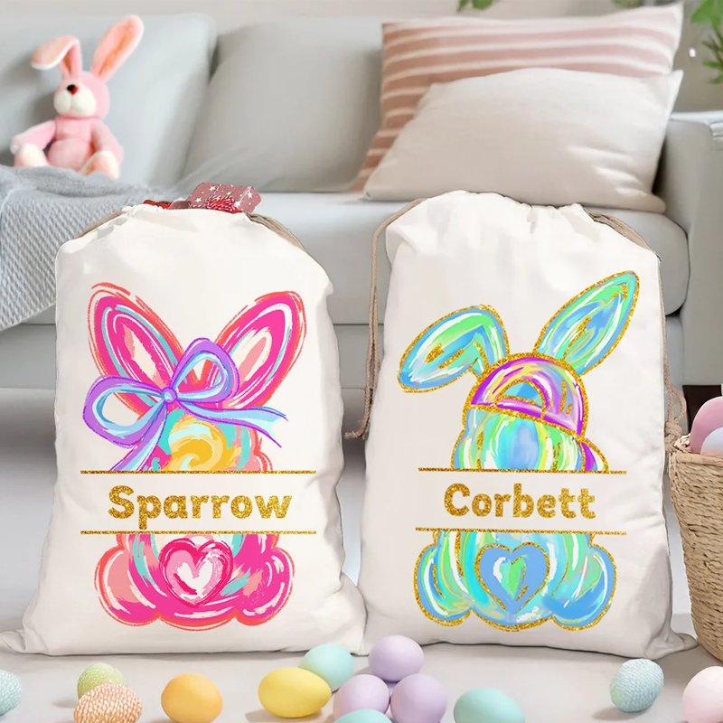 Personalized Cute Easter Bunny Drawstring Gift Bag with Name Easter Party Birthday Gift for Kids Family