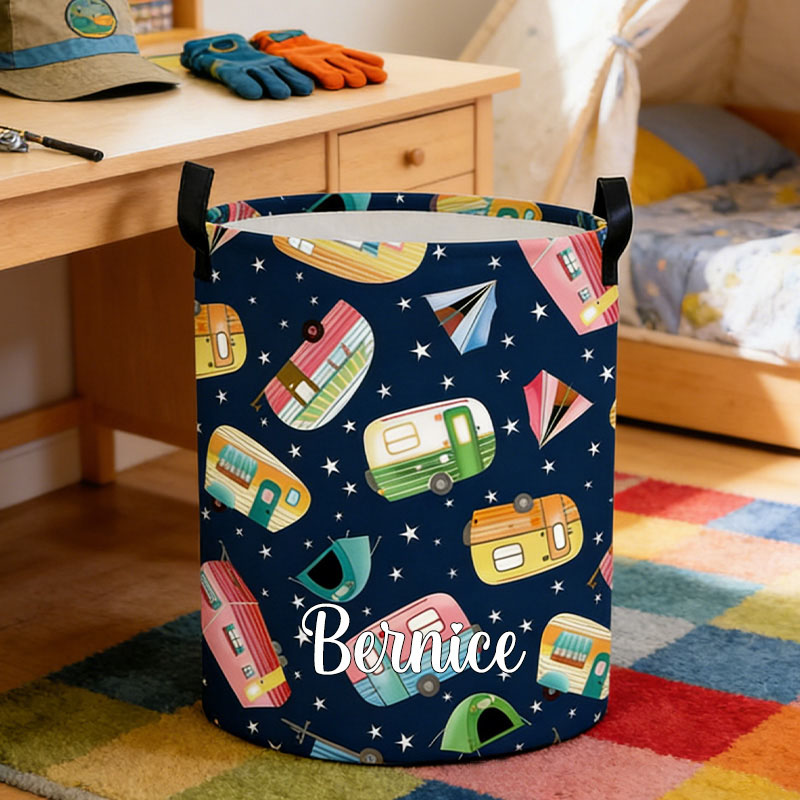 Personalized Camper Themed Laundry Storage Basket Retro Camper Basket Basket with Name Gifts for Kid Outdoor Camping Lover