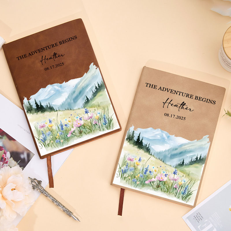 Personalized Scenic Adventure Journal Hiking Watercolor Landscape Notebook Meadow Floral Nature Journal Outdoor Adventurers Lover Gift