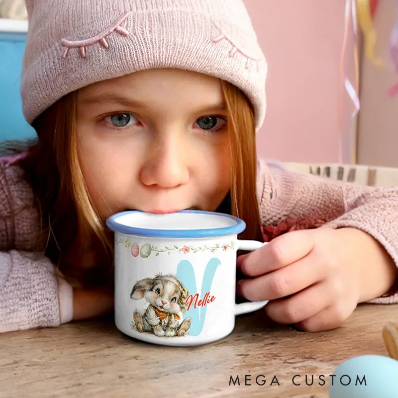 Personalized Cartoon Easter Bunny Initial 12 oz Colored Rim Enamel Mug with Name Easter Gift for Boys and Girls