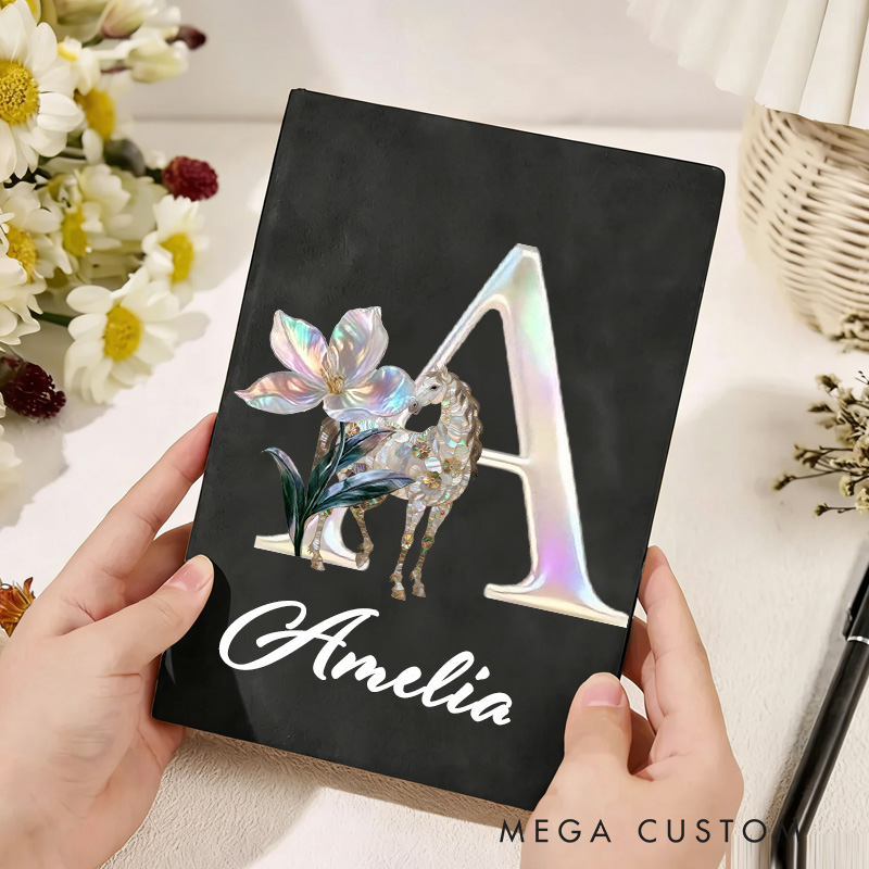 Personalized Horse Riding Birth Flower Initial A5 A6 PU Leather Notebook with Name Birthday Gift for Horse Lovers Riding Lovers Equestrian Lovers