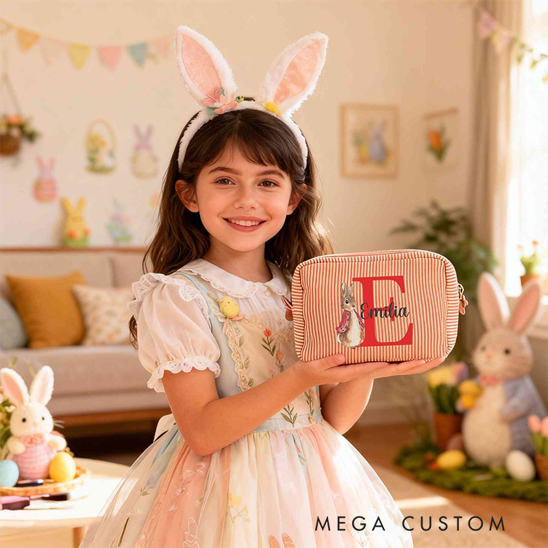 Personalized Name Peter Rabbit Bunny Alphabet Striped Makeup Bag Travel Toiletry Pouch Birthday Easter Gift for Her Girls 