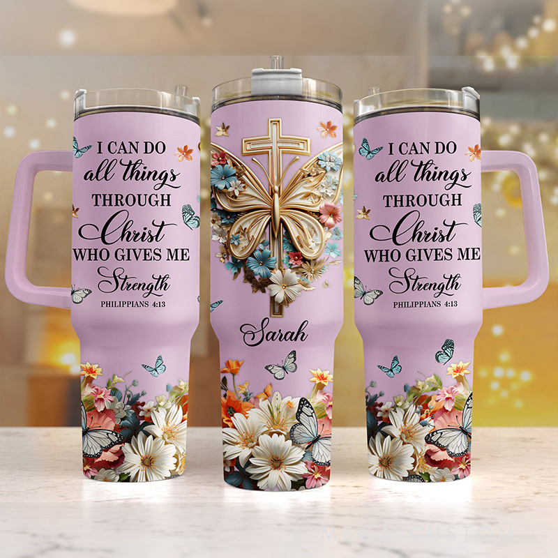 Personalized I Can Do All Things Through Christ 40oz Tumbler with Custom Name Handle and Straw Insulated Large Water Bottle Cup Religious Gift for Her