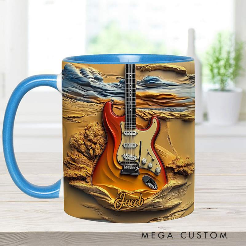 Personalized Name Stereoscopic Vintage Guitar Accent Mug Custom Guitar Themed Mug for Music Lovers