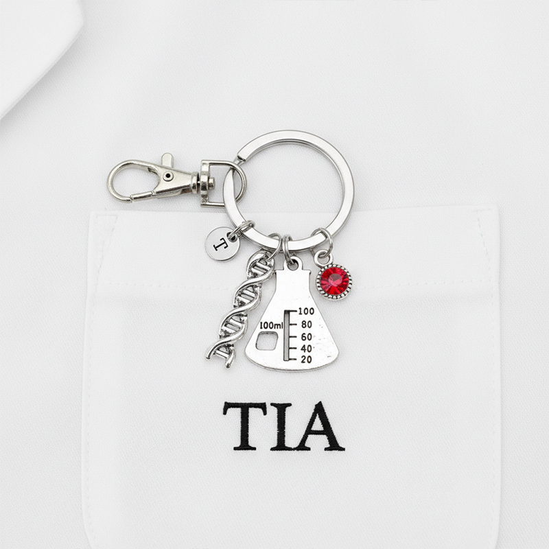 Personalized Science Charm Keychain for Kids Custom Name Initial and Birthstone Metal Charm Cute Lab Equipment Gift DNA  Beaker  Microscope Gift for Lab Tech or Student