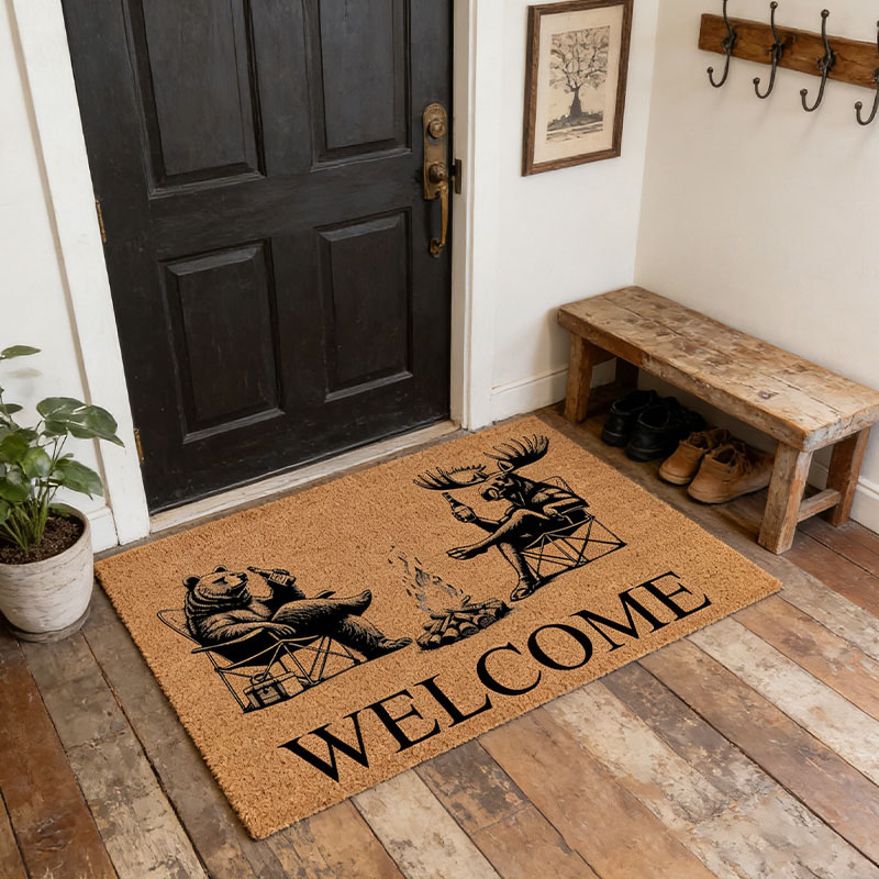 Personalized Welcome Bear & Moose Camp Fire Camping Cabin Funny Coir Doormat Door Mat Newlywed Wedding Gift New Home