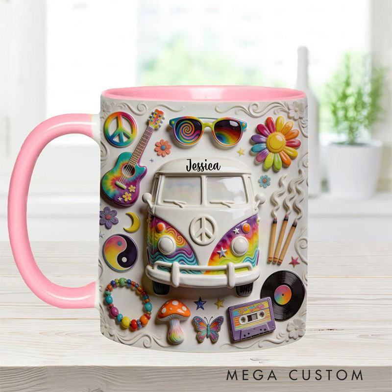 Personalized 2D Flat Hippie Love Hope Peace Mug Custom Name Colorful Hippie Car Hippie Coffee Mug Bohemian Coffee Mug