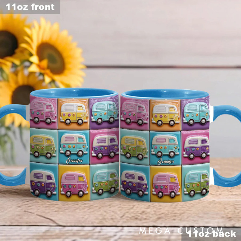 Personalized 2D Flat Hippie Caravans Mug Custom Name Colorful Hippie Car Hippie Coffee Mug Bohemian Coffee Mug