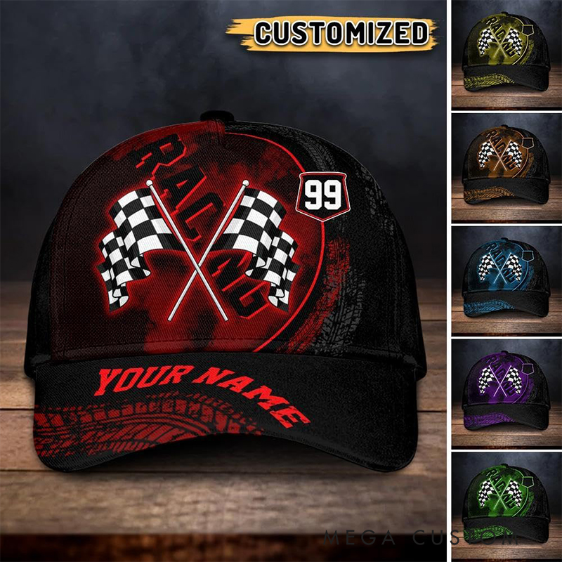 Personalized Racing Gifts Custom Name and Number Checkered Flag Cap Classic Racer Baseball Hat for Men and Women