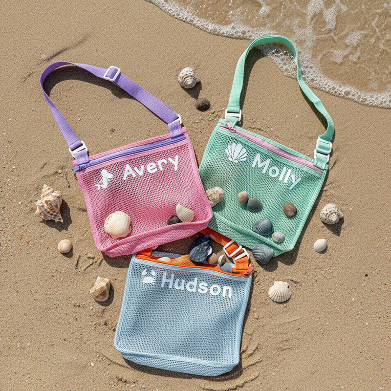 Personalized Seashell Zipper Mesh Back Pack Tote Custom Name and Shell Print Lightweight Washable Travel Pool Bag for Toddlers Kids Zip Beach Bag Monogrammed Backpack Sea Shell Bags Summer Pool Accessories