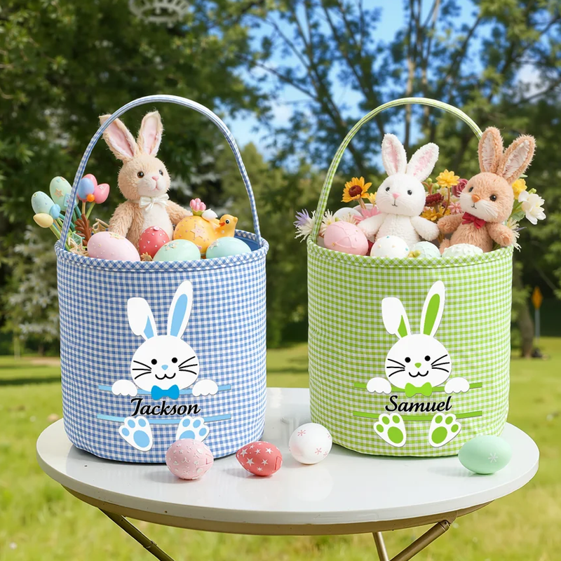 Personalized Cute Bunny Plaid Easter Basket with Name Easter Eggs Hunting Easter Day Gift for Boys Girls