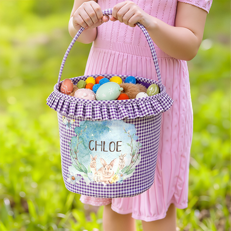 Personalized Name Watercolor Bunnies Gingham Easter Basket with Ruffle Multicolor Easter Treat Bag Easter Party Favor Easter Gift for Kids Boys Girls
