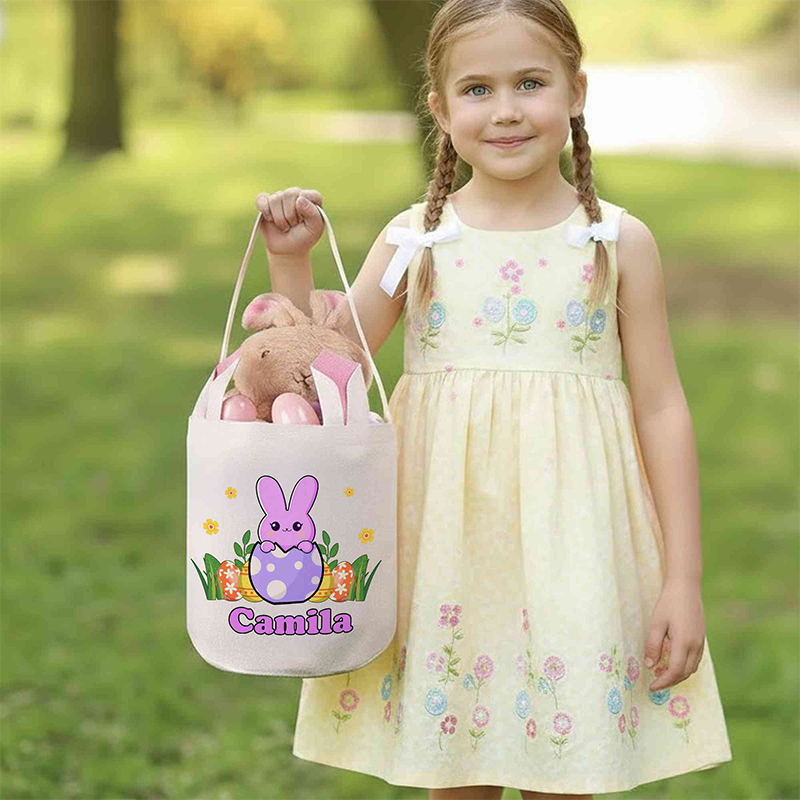 Personalized Name Cracked Egg Bunny Bucket Bag with Ears Easter Egg Hunt Basket Cotton Linen Easter Goodie Bag Easter Gift for Kids Boys Girls