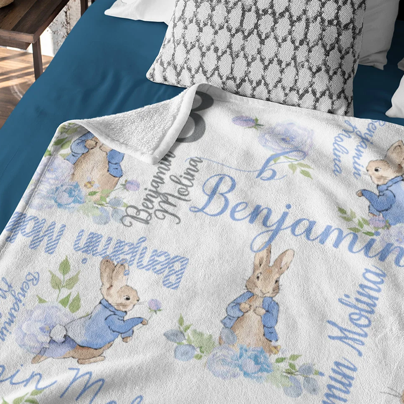 Personalized Rabbit Bunny Floral Blanket with Initial and Name Easter Birthday Gift for Kids