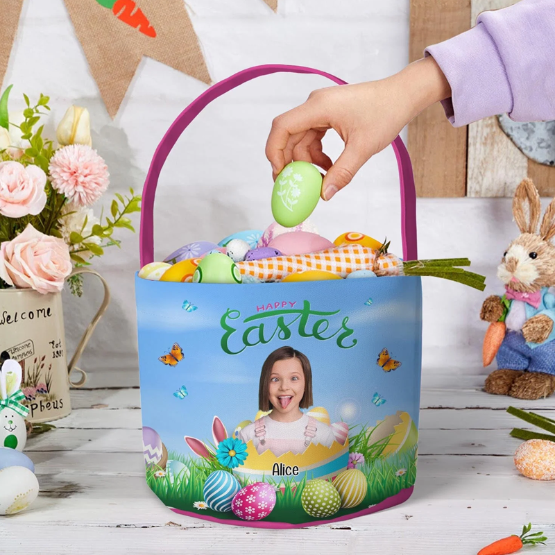 Personalized Happy Easter Kid with Easter Eggs Photo Easter Basket Easter Gifts for Kids