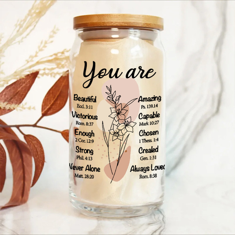 Personalized Birth Flower Bible Quotes Glass Cup with Lid and Straw Custom Text Coffee Cup Christian Inspirational Mother's Day Gift for Women 
