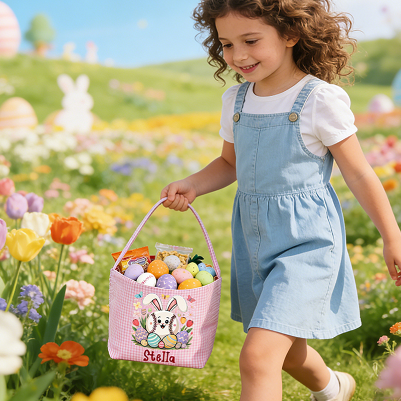 Personalized Easter Baseball Bunny & Egg Basket - Custom Name Tote for Girls and Boys