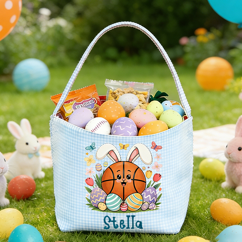 Personalized Basketball Bunny Easter Basket with Custom Name Gingham Tote for Kids Easter Gifts