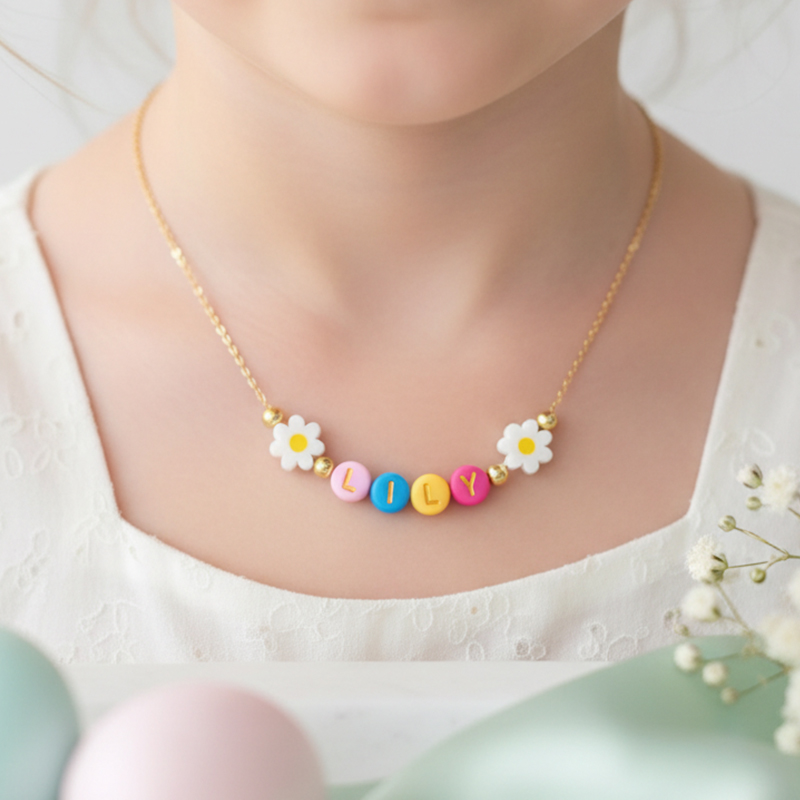 Personalized Kids Easter Name Necklace Gold-Plated Custom Letter Choker  Bunny Daisy Heart Easter Basket Stuffer for Girls