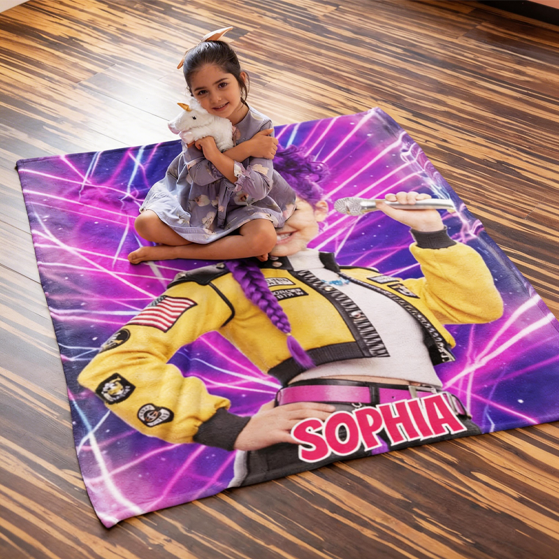 Personalized Pop Star Girl Blanket with Child’s Face & Name Anime Style Girl Gift Funs Lover Gifts