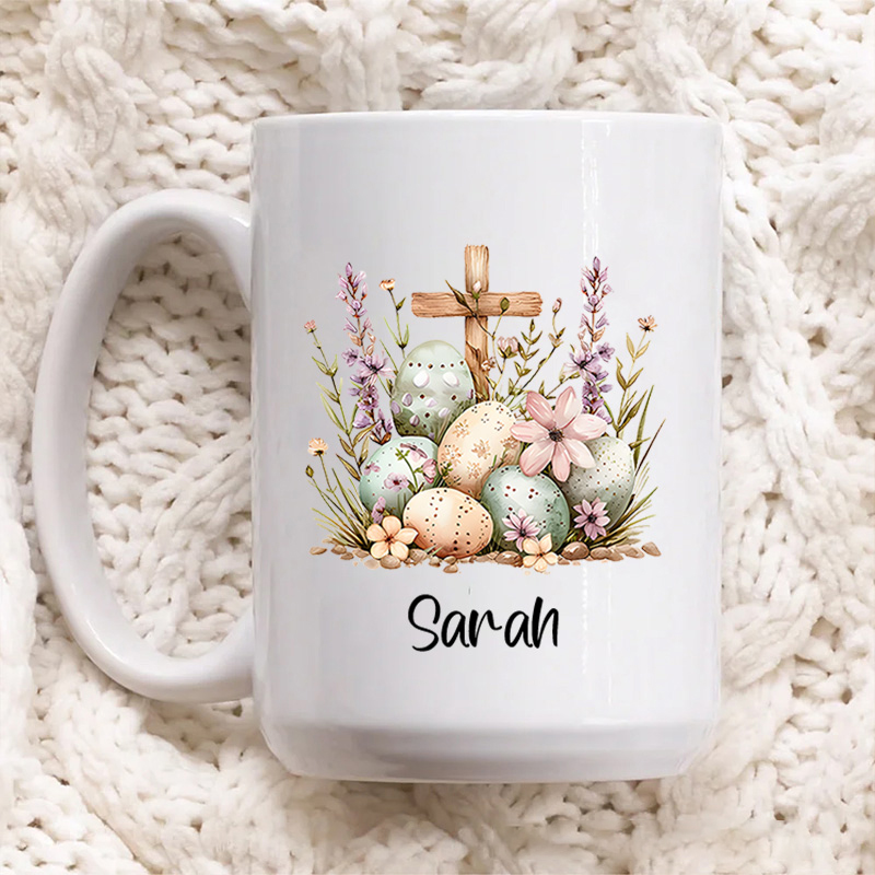 Personalized Colorful Eggs Floral Cross Ceramic Mug with Name Easter Gift Birthday Gift for Boys and Girls