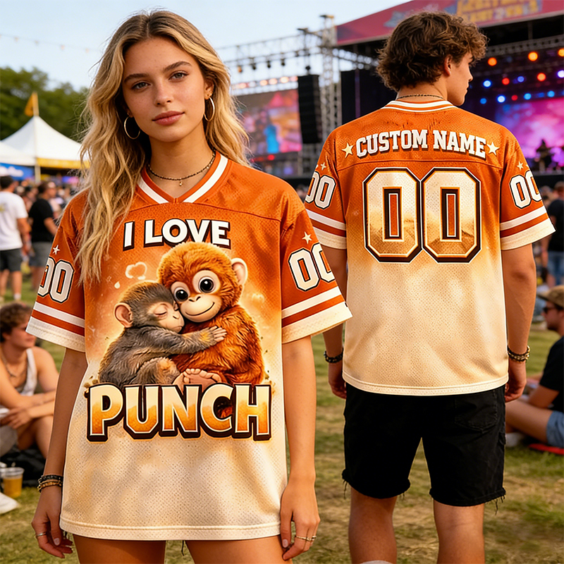 Personalized "I Love Punch" Monkey Hug Mesh Football Jersey Custom Name & Number Personalized Monkey Game Day Shirt