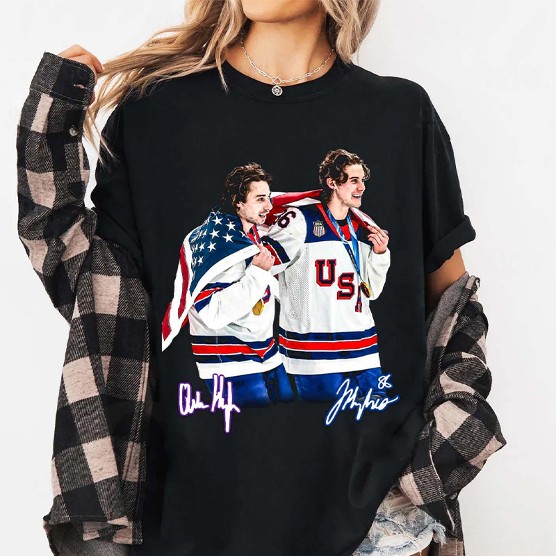 Personalized USA Hockey Gold Medal Duo Celebration T-Shirt for USA Hockey Enthusiasts