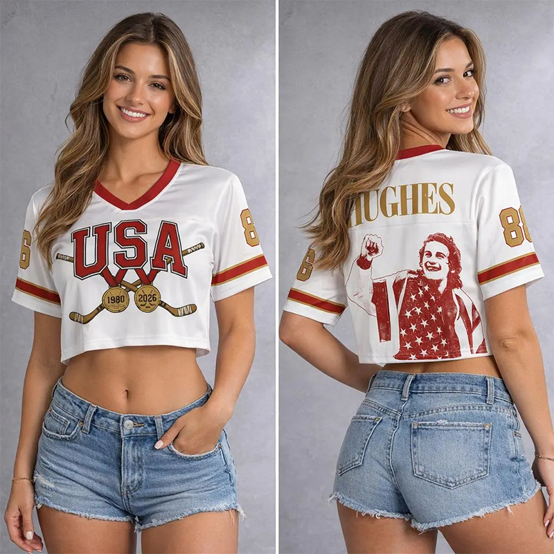 Personalized Hughes USA Hockey Crop Top Jersey Patriotic American Pride Shirt for Hockey History Fans