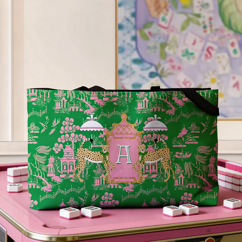 Personalized Mahjong Tote Bag Large Travel Bag Monogram Personalized Letter Initial Dice Toile Chinoiserie Leopards Mahjong Gift