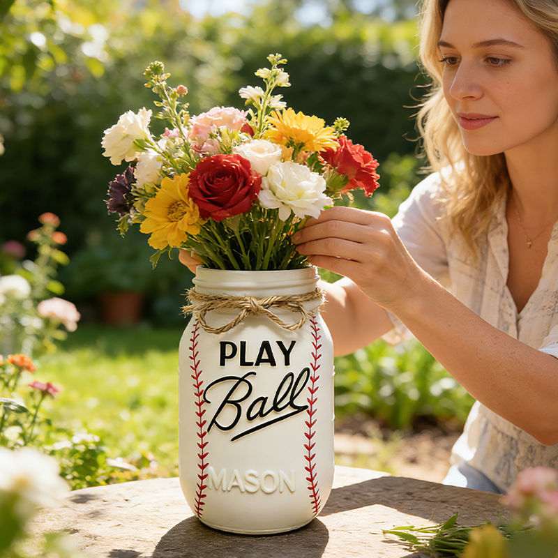 Personalized Baseball 3D Printed Vase with Custom Name for Sports Fans and Families Mothers Day Gift